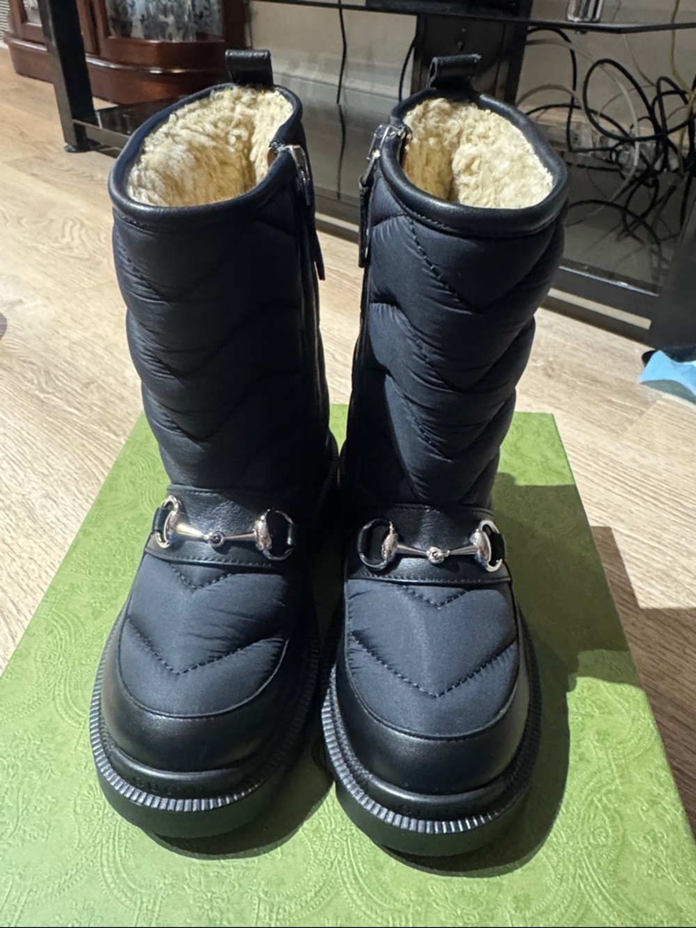 Gucci Black Quilted Shearling-Lined Winter Boots with Silver Horsebit